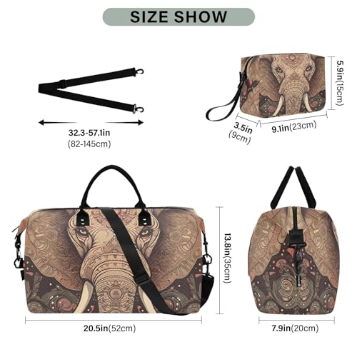 Large Travel Duffel Bag, Boho Epephant Head Sports Tote Gym Bag, Shoulder Weekender Overnight Bag for Women Men, Carry On Luggage with Toiletry Bags3