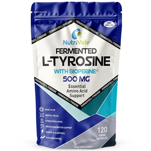 Fermented L-Tyrosine 500mg with BioPerine® | 120 Capsules | Essential Amino Acid Support | 4 Month Supply | Supports Dopamine, Focus & Mental Clarity | Vegan, Non-GMO & UK Made | by NutriVolv