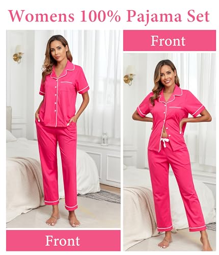 Image of CF Womens 100% Cotton Pajamas Set Button Down Pjs Sets Short Sleeve Top & Long Pants Sleepwear Comfy Loungewear with Pockets