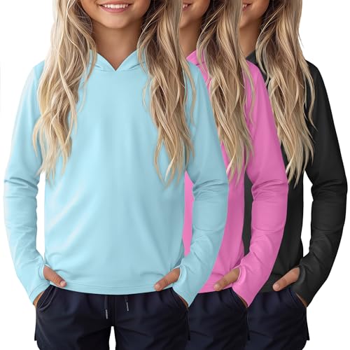 Image of 3 Pack Girls Sun Protection Swim Shirts UPF 50+ Long Sleeve Rash Guard Lightweight Quick Dry Hoodies with Thumbhole