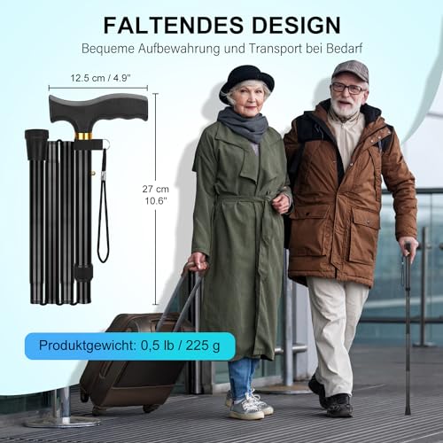 supregear Faltbarer Gehstock Herren Damen - Klappbar Höhenverstellbarer Spazierstock - Flexibler Leichter Reisestock, Zusammenklappbare Gehhilfe zur Balance Senioren, Schwarz