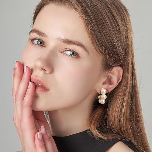 Dochais Pearl Hoop Earrings for Women, 14K Gold Plated Pearl Drop Earrings 925 Sterling Silver Gold Pearl Hoops Earrings Trendy Lightweight Hypoallergenic Pearl Earrings Jewelry4