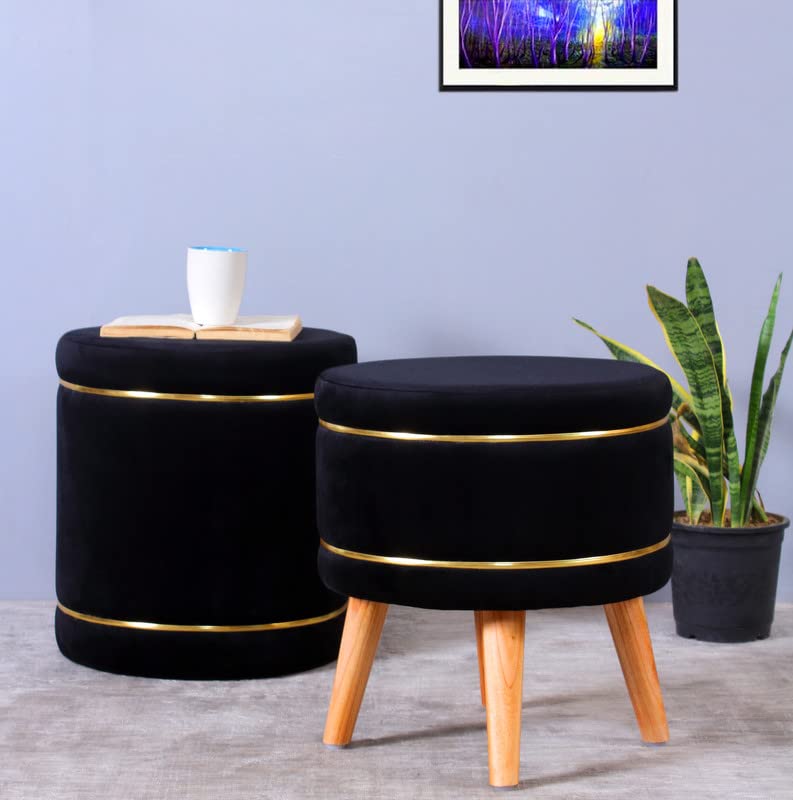 Image of Pouffes Sitting Stool for Living Room, Puffy Wooden Ottoman | Round Pouffe for Living Room & Bedroom | Pouf for Office & Home Decoration & Modern Seating Stool (Cmbo-Black)
