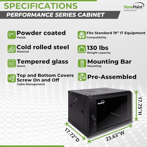 Image of NavePoint 6U Server Cabinet Wall Mount Rack Enclosure Includes 2 Fans, Locking Glass Door, Removable Side Panels - 6U Network Cabinet 17.7 inch Deep, 19 Inch Server Rack for IT and A /V Equipment