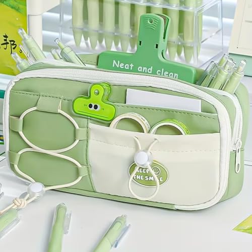 Image of Kawaii Cute Aesthetic Pencil Case for Girls & Boys | 3 Layer 6 Compartment Large Capacity Pencil Pouch with Zipper | Cartoon Stationery Organizer Bag for Students & Kids (Nice Green)