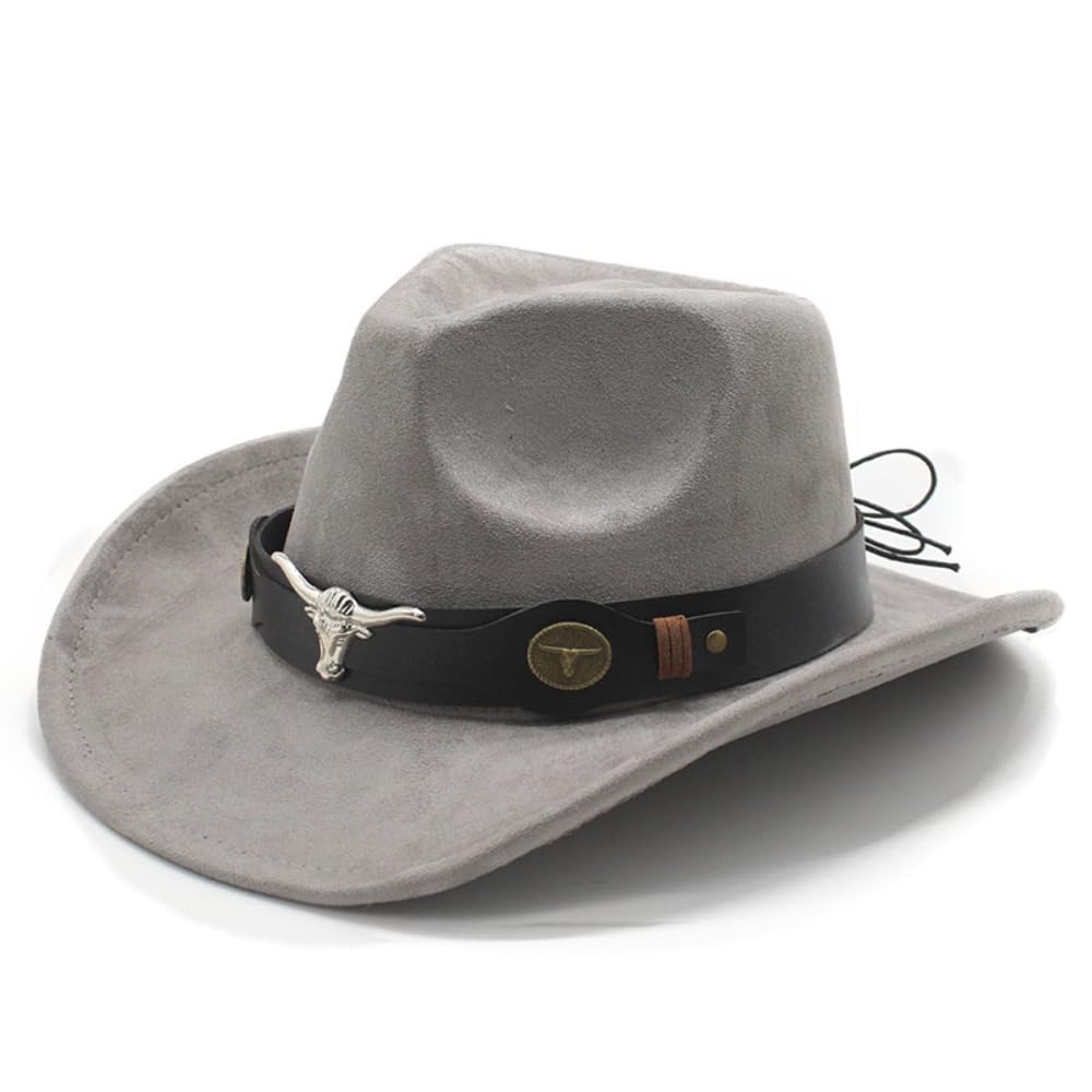 Sombrero de vaquero occidental, marrón, banda de piel sintética con adorno de calavera de toro, ala ancha