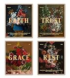 Floral Bible Painting Photography Prints, Set of 4, UNFRAMED, Rest Matthew 6:28, Trust Proverbs 3:5, Grace...