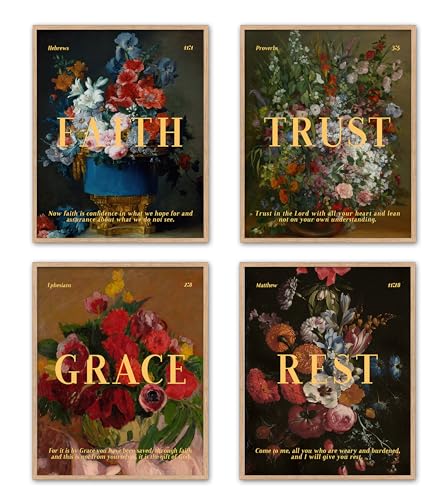 Floral Bible Painting Photography Prints, Set of 4, Unframed, Hebrews 11:1, Proverbs 3:5, Ephesians 2:8, Matthew 6:28, Bible Verse Christian Art Decor Poster Gift (8x10 Unframed Prints)