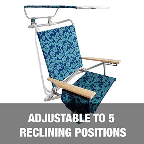 Bliss Hammocks Bbc-351-Bf Folding Beach Chair W/Canopy, 5 Reclining Positions, Storage Pouch, Phone Holder, Cup Holder, And Shoulder Straps Included, 275 Lbs. Capacity, Blue Flower #TOP5