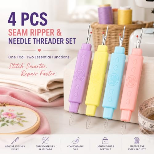 Image of Seam Ripper 3pcs Big Tool Set Piece Sewing Accessories Kit for Stitch Removal | Thread Cutting | Ideal for Sewing, Tailoring, DIY Projects | Stainless Steel Blades with Comfort Grip Handles (4, 2 in 1 Seam Ripper = 4pcs)