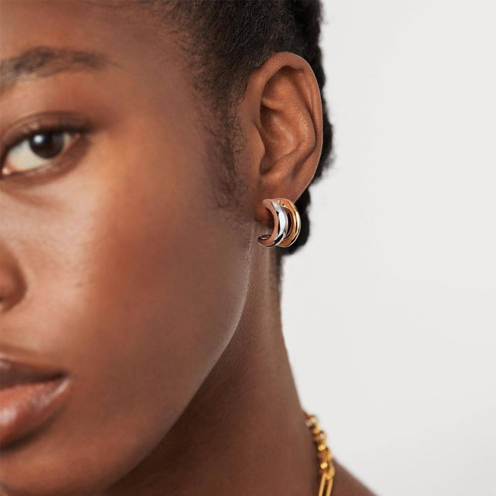 Two Tone Hoop Earrings for Women,Trendy Sterling Silver Gold C Shaped Hoop Earrings for Girls Classic Lightweight Hoops Earrings - Image 6