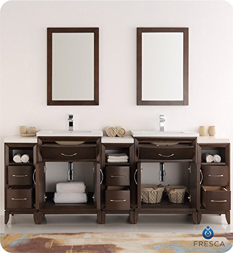 Fresca Cambridge 84" Antique Coffee Double Sink Traditional Bathroom Vanity W/Mirrors #TOP2