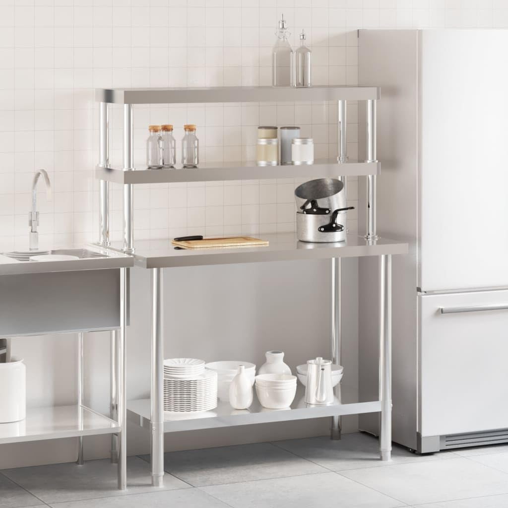 Mesa de trabajo de cocina de acero inoxidable con estante superior, 110 x 55 x 150 cm, mesa de cocina con estante y estante inferior, para cocina, bar, restaurante, catering, preparación