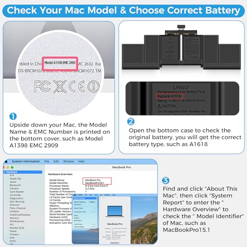 Image of A1398 Battery, A1618 A1494 Battery Replacement for MacBook Pro 15 Inch Mid 2015 Mid 2014 Late 2013 Version (Upgraded High Performance 99.5Wh 11.36V 8755mAh Li-Polymer)