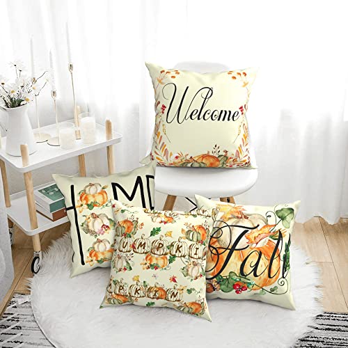 Welcome Tree Branches Berries Throw Pillows Autumn Pumpkin Pillow Covers Watercolor Flower Leave Cushion Cover Fall Home Pillowcases 18 X 18 Inch Square Pillows Protector For Sofa,Couch,Bed #TOP4