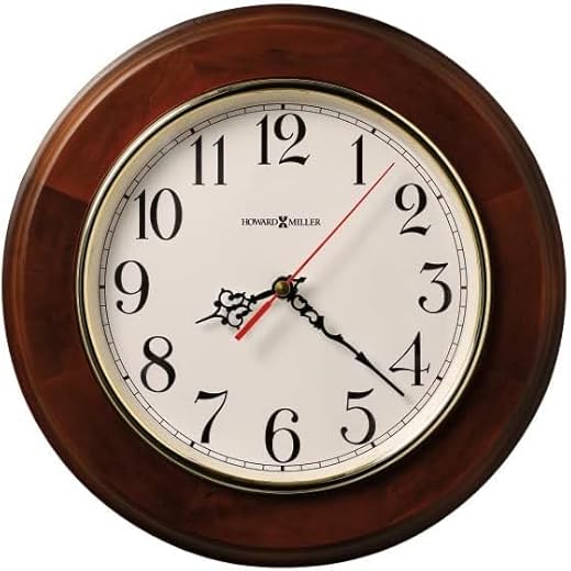 Howard Miller Culdesac Wall Clock II 549-659 – 11.5-Inch Windsor Cherry Finish, Round Brass-Finished Bezel, Natural Home Decor, Off-White Dial, Quartz Movement Timepiece