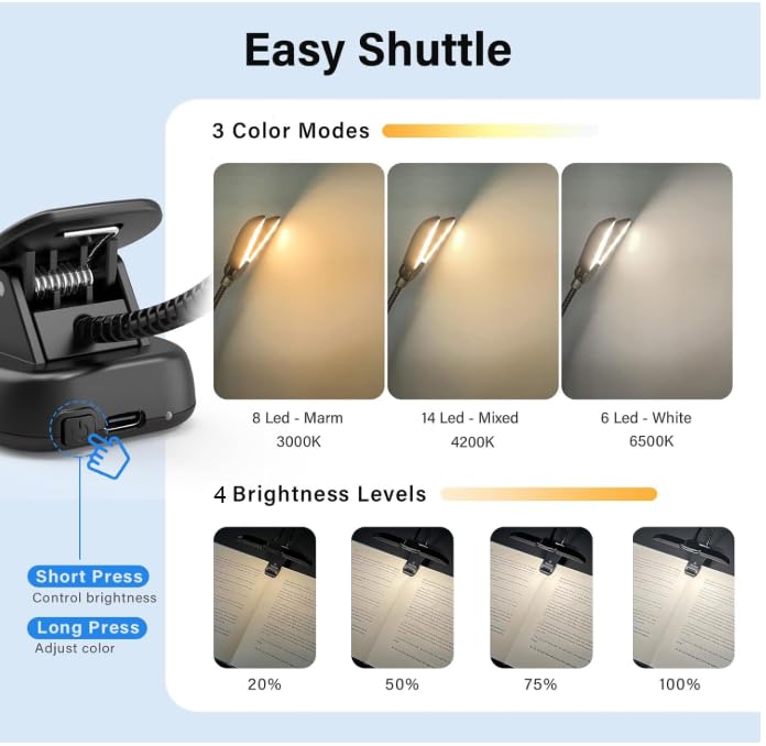 Image of 14 LED Rechargeable Book-Lights for Reading at Night in Bed, Warm /White Reading Light with Clamp, 180A‚ Adjustable Mini Clip on Light, Lightweight Eye Care Book Lamp Perfect for Bookworms & Kids