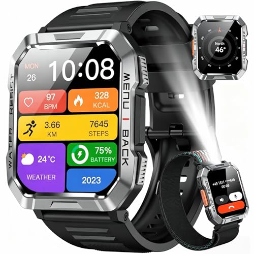 Blackview Rugged Military Smart Watch for Men | 100-Day Ultra-Long Battery | LED Torch & CompassBluetooth CallingHealth Monitor120+ Sports2.01 HD ScreenIP68 Waterproof Works with iOS & Android