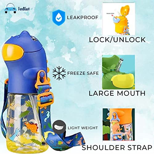 Image of FunBlast Dinosaur Water Bottle for Kids - Cartoon Design Anti-Leak Tritan Sipper for School, 560 ML (Blue)