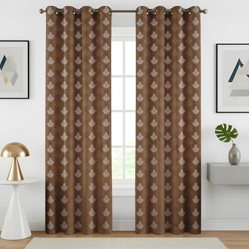 Image of Semi Room Darkening Curtains, Coffee, Tree Print, 4x9 ft, Set of 2