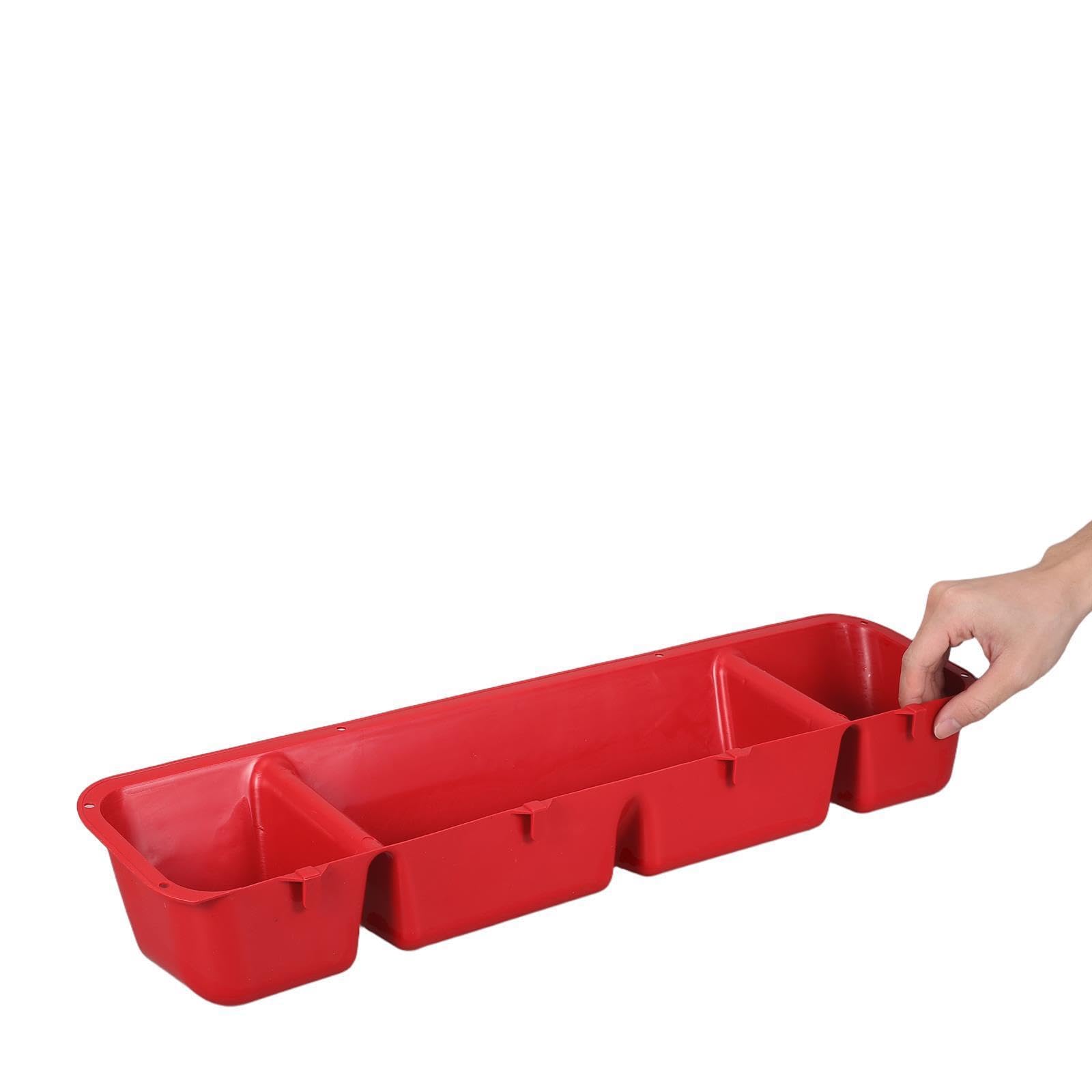 Mangiatoia Sospesa per Pollame 4 Pezzi in Plastica Rossa Scomparti Multipli, Bordo Anti-sgocciolamento, Facile da Smontare e Pulire per Spazi Confinati e Ambienti Umidi
