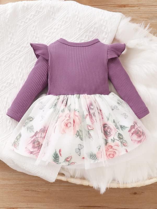 PAMBERSTON Baby Girl's Lycra Frock with Round Neck Full Sleeves Solid Pattern Knee Length Waist Bow and Regular Fit Purple 1