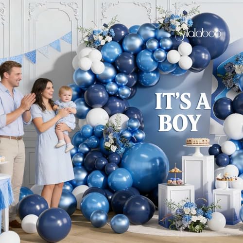 Image of Blue Balloons Arch Kit 155Pcs Navy Light Blue White 18 10 5 Inch | Metallic Blue White Different Sizes Latex Balloon Garland for Birthday Anniversary Fathers Day Party Decorations