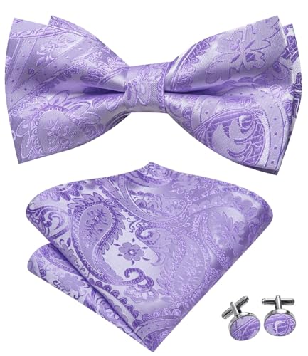 Image of Hi-Tie Bow Tie Men Pre Tied Bowtie Pocket Square Cufflinks Lapel Pin Formal Wedding Bow Ties for Men Party Tuxedo Bowtie Set,Lavender Purple Paisley Floral