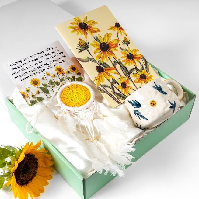 Rarejoy Gift Hamper for Women Sunflower Themed Mug Handwoven Croc...