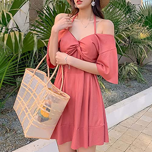 Heavkin Women Fashion Solid Loose Suspender Onepiece Swimsuit Swimwear Bathing Short Sleeve Dress Swimsuit Sexy Bikini Red #TOP2