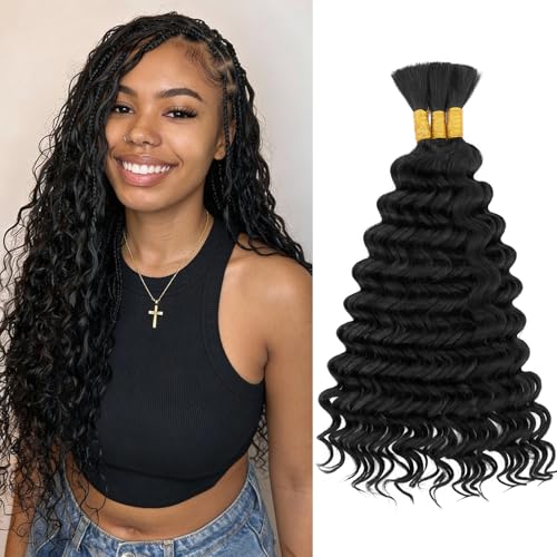 TESS Human Hair Bundles Cabello humano para trenzas boho, Pack 3 mechones 110 g, sin nudos, onda profunda, bohemio, cabello para trenzar a granel, Negro Natural 50cm