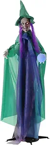 Haunted Hill Farm Talking Fortune Teller Witch Halloween Animatronic with Movement and Light-Up Crystal Ball for Scary Indoor or Covered Outdoor Halloween Decorations, Battery Operated Halloween Props
