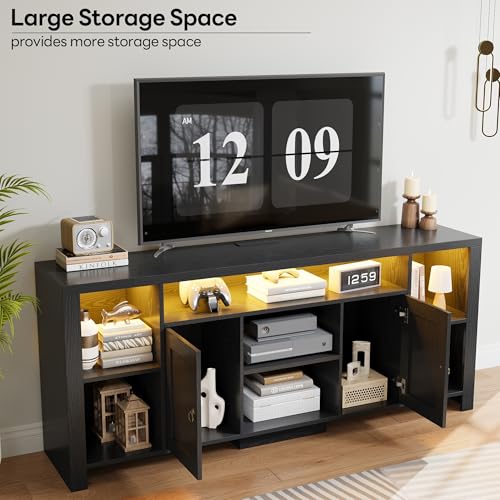 LIKIMIO TV Stand for TVs 80 inch with LED Lights & Power Outlet, Entertainment Center with Cabinets, Adjustable Shelves and Open Shelves, Modern Media TV Console Living Room, Black - Thumbnail 4
