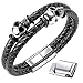 Jbniuay Cranio Bracciale Uomo Pelle Chiusura in Acciaio Braccialetto Uomo Donna Pelle Halloween
