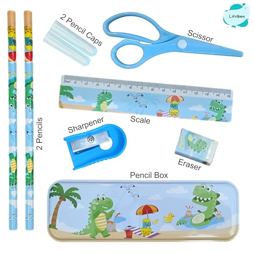 Image of Stationary Set Cute School Kit Good For Birthday Return Gift Educational Supplies For Kids-1*Steel Pencil Box,1*Plastic Scissor,2*Pencils,1*Sharpener,1*Eraser,2*Pencil Caps - Blue Dinasaur