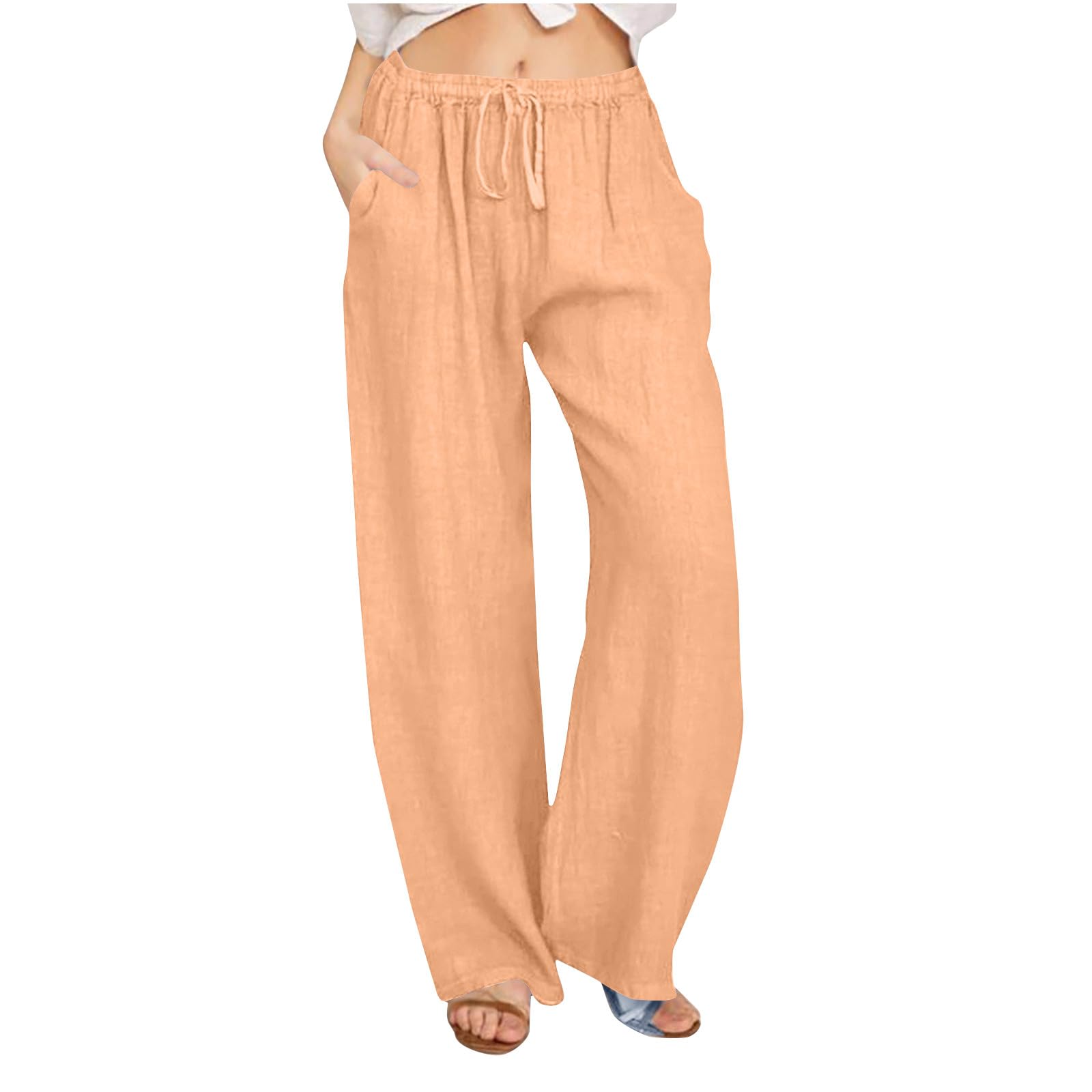 Coton Linen Pants for Women Summer Solid Drawstring Wide Leg Trouser Loose Casual Vacation Beach Palazzo Pant(Orange,XX-Large)