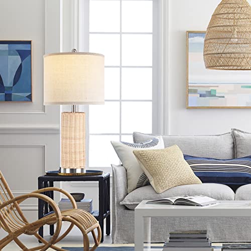 Beige Woven Rattan Table Lamps Set Of 2 Ivory Coastal Rustic Natural Wicker Nightstand Lamps For Bedroom Beach Bedside Lamps With Lampshades For Living Room #TOP2