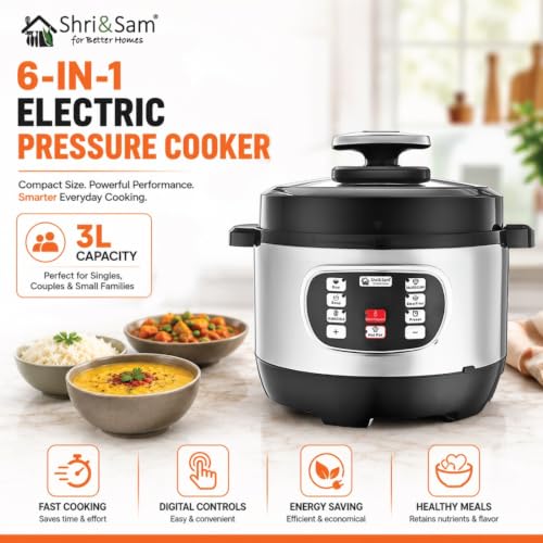 Image of Shri & Sam Stainless Steel Electric Pressure Cooker | Automatic Pressure Cooking | Multi-Cooking Electric Cooker 6 in 1 | Durable & Easy to Clean (3, litres)