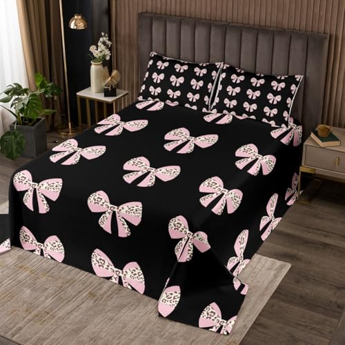 Bowknot Quilt Set for Kids Teens,Pink Leopard Print Bow Bedspread Coverlet,Fairy Girly Style Bedding Set Decorative Quilted 3 Pieces Coverlet Set with 2 Pillow Shams,King Size