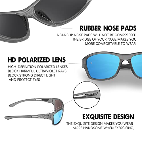Image of KUGUAOK Polarized Sports Sunglasses for Men Driving Cycling Fishing Sun Glasses 100% UV Protection Goggles, Clear Gray Frame Blue Mirror, 0
