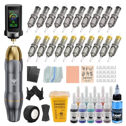 TATELF Kit de Machine Rotative sans Fil avec Batterie RCA LCD 1900mAh Rechargeable, 20 Cartouches et Aiguilles, 10 Encres, Kit Complet Débutants & Artistes...