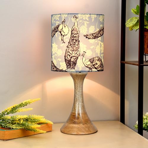 Image of Homesake Rustic Wood Table Lamp Bedside Wooden Desk Lamps for Living Bedroom Study Night, Kids Room, House Warming Festival Gift, Home Decor, Peacock Grey Shade