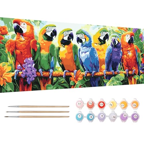 Reofrey Pintura por números adultos grande XXL loro – Kit de pintura al óleo pintada a mano animales, lienzo 30 x 80 cm, con pincel y pintura acrílica (sin marco) – Pintura por números para niños