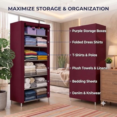 Image of YouCopia Collapsible Wardrobe 6 Shelves Storage Clothes Storage Rack Quick Wardrobe /Cabinet /Multipurpose Storage Rack, Foldable, Collapsible Fabric Organizer for Home Office (Maroon, 6-Layer)