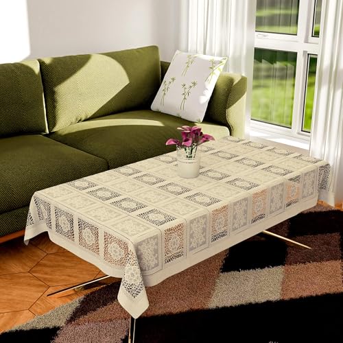 Image of Kuber Industries Center Table Cover | 40x60 Inch | Net Table Cloth 4 Seater | Kitchen Tea Tabletop Cloth | Table Cover for Hall, Home Decor| Square Flower-Cream