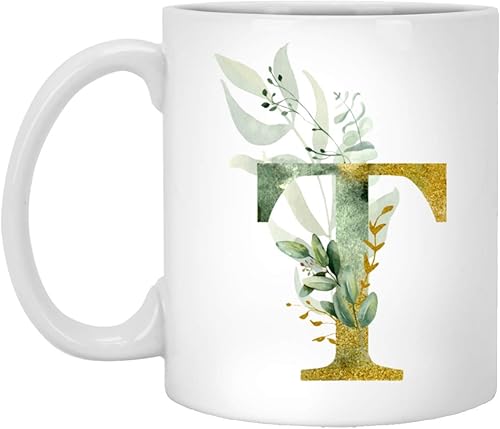 AlphaT - Taza de café con letra T y letras del alfabeto, monograma T, color dorado, brillante, cualquier letra, diseño floral, taza de té, café y