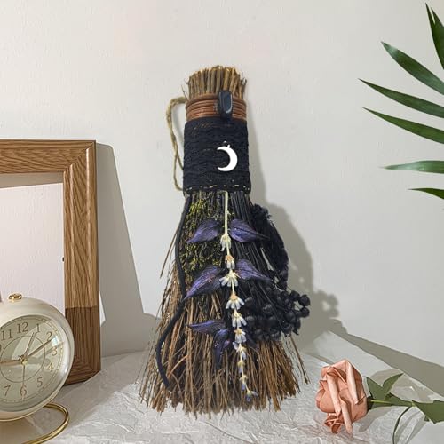 19cm Zimtbesen, Mini Mottoparty Dekobesen mit Trockenblüten, Hexenbesen, Altarbesen Wicca Natürlicher Magischer Kristall hexen Zubehör für Magische Zeremonien, Handgemachte Heimdekoration, Schwarz