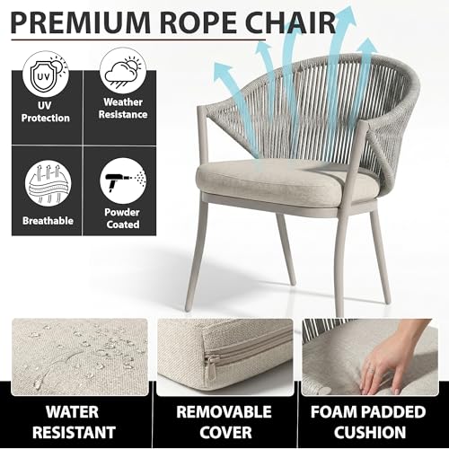 Image of BRISHI Garden Patio Seating Chair and Table Set Outdoor Balcony Garden Coffee Table Set Furniture with 1 Table and 2 Chairs Set with Cushion Braid & Rope (Gray)