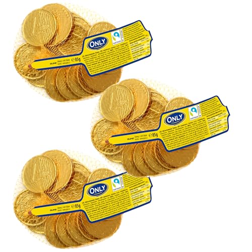 Only Schokoladen-Goldmünzen Netz 3er Set je 85g Edle Vollmilchschokolade in goldener Folie ideal für Nikolaus Weihnachten Adventskalender Kindergeburtstag Schulanfang oder Mitgebsel