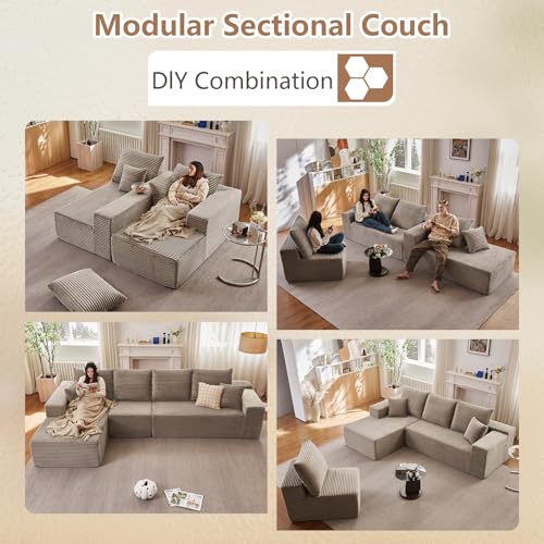 Image of 135.4 inch Modular Sectional Sofa, Modern Corduroy Cloud Couch with Deep Seat, Boneless Couch Upholstered 4-Seater L-Shaped Sofa for Living Room, No Assembly Required (Camel, Left-Facing Chaise)